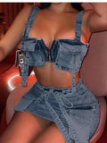 Zjkrl  -  Sexy Women's Denim Two-Piece Summer Halter Top And Slim Skirt Set Comfortable Solid Color Ladies 2-Piece Suit