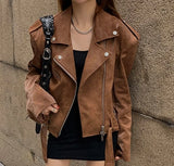 Zjkrl  -  Winter Korean Brown Leather Jacket Women Streetwear Moto Biker Zipper Leather Coat Casual Outerwear Irregular Cropped Jacket New