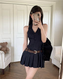 2024 Summer Woman Fashion V-neck Sleeve Striped Dress Clothing High Waist A-line Summer Vestido Female Pleated Y2k Mini Dresses