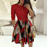 Mini Dresses O-neck Three-quarter Sleeve With Belt A-line Skirt Print Patchwork Party Dress Autumn 2023 Fashion Elegant Vestidos