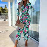 ZJKRL  -  Women Sexy Floral Print Bohemian Long Dress Spring Deep V-neck Slim Bodycon Party Dress Autumn Puff Sleeve Front Slit Maxi Dress