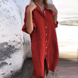 ZJKRL  -  Women Casual Short Sleeve Loose Beach Dress Female Simple Butted Party Dress New Elegant V-Neck  Cotton Linen Shirt Dress