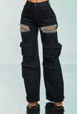 Zjkrl  -  Women Cutout Diamonds Crystal Hollow Out Straight Denim Pants Fall Multi Pocket High Waist Wide Leg Jeans Trousers