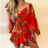 Zjkrl  -  New Summer Beach Elegant Women Dresses Sexy V Neck Lace-up Floral Print Mini Dress Casual Flared Sleeves Ladies Party Dress