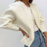 ZJKRL  -  Fall New Crew Collar Beading Decorate Knitted Coat Elegant Solid Color Long Sleeve Women's Cardigans Office Lady Commute Jacket