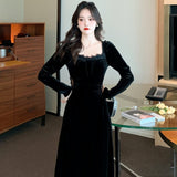 Zjkrl - 2023 New Spring and Fall Vintage Black Long Sleeve Dress Woman Elegant Fashion Velvet Midi Dress Korean Style Even Party Dresses