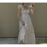 French embroidery, small flying sleeves, square collar, open back, white dress, women's summer, waist and slim A-line long skirt