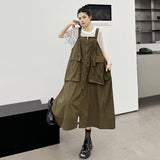 Zjkrl  -  Women Khaki Pocket Big Size Long Casual Strap Dress New Square Collar Sleeveless Fashion Tide Spring Autumn 1DH6457