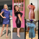 Zjkrl  -  Sequin Mini Hoco Dress Feather One-Shoulder Short Lady Formal Homecoming Party Gown Club Night Cocktail Prom Gala