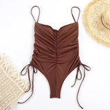 ZJKRL  -  Europe New Drawstring One-piece Swimsuit Female Solid Color Pleated Sexy Strap Bikini Ten Colors