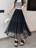 Zjkrl  -  holiday outfits Elegant Tulle Midi Skirt Women Sweet High Waist Mesh Pleated Skirts Korean Fashion Loose Cute Solid Casual A Line Skirt New