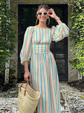 Zjkrl  -  Stripe Lantern Sleeve Dress For Women Elegant Loose Backless Lace Up Female Long Dresses Summer Fashion Holiady Lady Robe