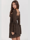 Zjkrl - Elegant Multilayer Lace Backless Mini Dress Women Brown Square Collar Long Flare Sleeve Club Party Sexy Dress Autumn