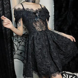 Zjkrl  -  Halloween Women Black Dress Sexy Y2k Gothic Lace Dress Lolita Vintage Party Slim Short Red Dresses Hollow Out Elegant Fashion