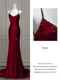 Zjkrl  -  Wine Red Prom Dress Sexy V-neck Ribbon Lace Up Beading Mermaid Backless Zipper Satin Enegagement Fashion Robe Formal Gowns