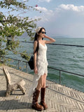 Zjkrl  -  New SpicyGirl White Lace Sling One Piece Dress Women Clothing Summer Irregular Flounced Skirt Slim Fit Hip Skirt Long Skirt