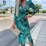 ZJKRL  -  Women Sexy Floral Print Bohemian Long Dress Spring Deep V-neck Slim Bodycon Party Dress Autumn Puff Sleeve Front Slit Maxi Dress