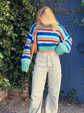 Zjkrl  -  Elegant Colorful Sweater Loose Fall/Winter Casual Short Clashing Color Stripe Knit Sweater Top A2903