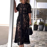 ZJKRL  -  Sexy Lace Hollow Out Women Party Dress Elegant O Neck High Waist Tie Up Commuting Dress Fashion Short Sleeved Summer Long Dress