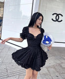 Zjkrl  -  Summer Black Dress Slim Gothic Ball Gown Puff Sleeve Print Slash V-neck Sexy Mini Dress Lace Dark Women Elegant Skirt High Waist