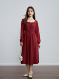 Retro Red Women Temperament Lace Decoration Square Neck Long Dress Autumn New Long Sleeve A-LINE Skirts Mid-Calf Dresses