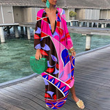 Zjkrl  -  Women Boho Print Loose Beach Dress Elegant Deep V-Neck Maxi Dress Ladies Sexy Long Sleeve Oversized Dresses Robe Longue