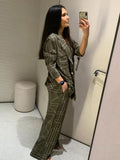 Zjkrl  -  Elegant Stripe Shirt Pants Set Women Casual Long Sleeve Turn-down Collar Blazer Wide Leg Trouser Summer Autumn Suit Lady