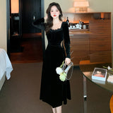 Zjkrl - 2023 New Spring and Fall Vintage Black Long Sleeve Dress Woman Elegant Fashion Velvet Midi Dress Korean Style Even Party Dresses