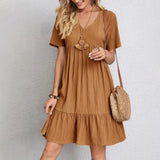 Zjkrl  -  Summer Womens Short Sleeve Mini Dress Ladies Pleated Ruffle Solid Dresses Casual V Neck Vintage Loose Vestidos