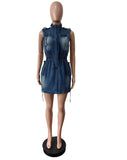 ZJKRL  -  Summer New Women's Dress Sleeveless Half High Neck Slim Drawstring High Waist Comfortable Solid Color Denim Skirt