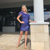 Zjkrl  -  Sequin Mini Hoco Dress Feather One-Shoulder Short Lady Formal Homecoming Party Gown Club Night Cocktail Prom Gala