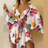 Zjkrl  -  New Summer Beach Elegant Women Dresses Sexy V Neck Lace-up Floral Print Mini Dress Casual Flared Sleeves Ladies Party Dress