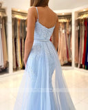 Zjkrl  -  Light Blue Mermaid Prom Dresses Long Sweetheart Appliques Lace Evening Dress Detachable Tulle Train Formal Party Gowns