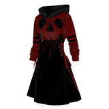 Women Gothic Hooded Dress Slight Stretch Sweatshirt Dresses Cat Hat Moon Print Tie Long Sleeve A-Line Mini Casual Dress