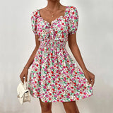 ZJKRL  -  Summer New Floral Short Skirt with Waistband and Bubble Sleeves Sweet and Spicy Style Dress