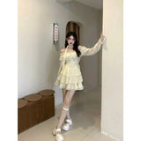 Zjkrl  -  Long Sleeve Elegant Mini Dress Lolita Pure Color Short Party Dress Woman Casual Spring Sweet One Piece Dress Korean Fashion