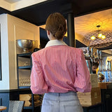 Zjkrl  -  New French Elegant Women Shirts Korean Striped Red Fashion Turn Down Collar Office Ladies Tops Long Sleeve Causal Female Blouse