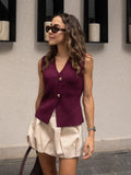 Zjkrl  -  Gold Button Knitted Tank Top Women Autumn Winter Burgundy Short Vest Sleeveless V Neck Chic New Fashion Tops