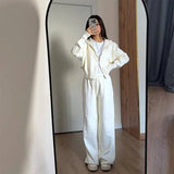 Zjkrl  -  Casual Knit Women Coat Pant Set White Lantern Full Sleeve Coats Female Sets Autumn Winter Sport Wide Leg Lady Trousers Suit