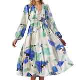 ZJKRL  -  New Autumn Long Sleeved Pleated Party Dress Casual High Waist Holiday Maxi Dress Ladies V-neck Floral Print Bohemian Dress