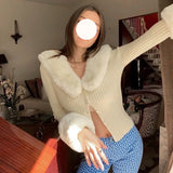 Zjkrl  -  Cardigan V-neck Knitted Sweater Fashion Warm Swif T Fur Collar Thick Winter  Long Sleeve Slim Coat Autumn Korea Blouses Y2k