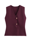 Zjkrl  -  Gold Button Knitted Tank Top Women Autumn Winter Burgundy Short Vest Sleeveless V Neck Chic New Fashion Tops