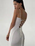 Zjkrl  -  Elegant Knitted Long White Dress Women Hot Sexy Spaghetti Straps Backless Bodycon Maxi Dress Lace-Up Slit Dress Party Outfits