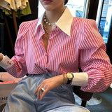 Zjkrl  -  New French Elegant Women Shirts Korean Striped Red Fashion Turn Down Collar Office Ladies Tops Long Sleeve Causal Female Blouse