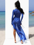 Zjkrl  -  Sexy V neck Perspective Ruffle Drawstring Tight Maxi Dresses For Women Spring Summer Elegant Side Split Party Vestido A1942