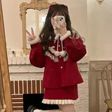 Zjkrl  -  Christmas Red Jacket Japanese Soft Girl Doll Neck Cute Thickened Coat 3 Piece Set Shirt Female Winter Sweet Girl Skirt Slim Fit