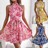 ZJKRL  -  High Quality Women's Clothing Sweet Princess Print Sleeveless Round Neck Hanging Neck Dress with Lace Up Elegant Dress Vestidos