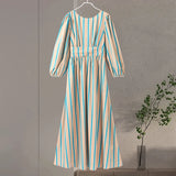 Zjkrl  -  Stripe Lantern Sleeve Dress For Women Elegant Loose Backless Lace Up Female Long Dresses Summer Fashion Holiady Lady Robe