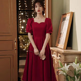 Zjkrl  -  Elegant Red Midi Dress Women Summer Korean Vintage Evening Party Dress French Casual Fashion Formal Occasions One Piece Dress