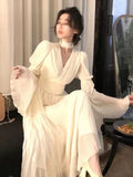 Zjkrl  -  French Pleated Long Sleeve Dresses for Women Elegant V Neck Flare Sleeve Ruffles Midi Vestiods Mujer Autumn Vintage Clothes